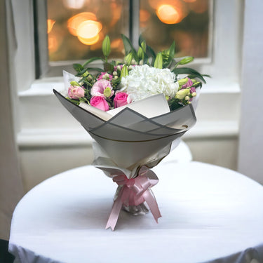 Delicate Pink & White Elegance Bouquet, White Lilies, Pink Roses, Hydrangea, Lisianthus